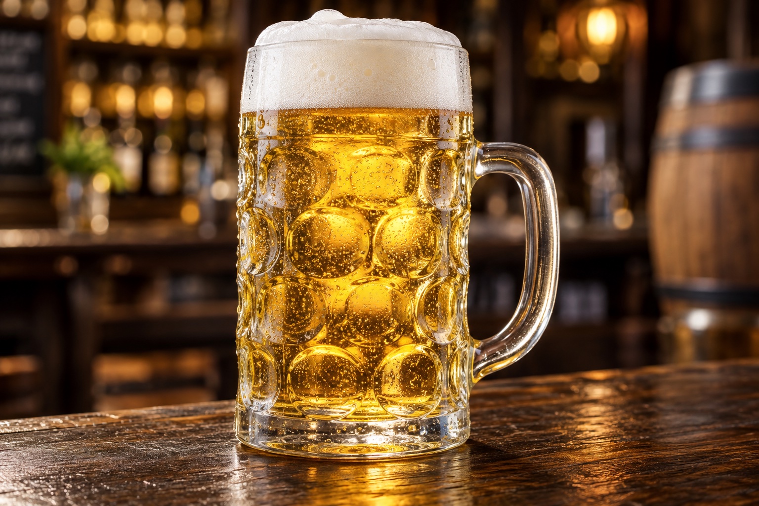 Ein-Liter-Maßkrug mit goldenem Pils und Schaumkrone – Symbolbild