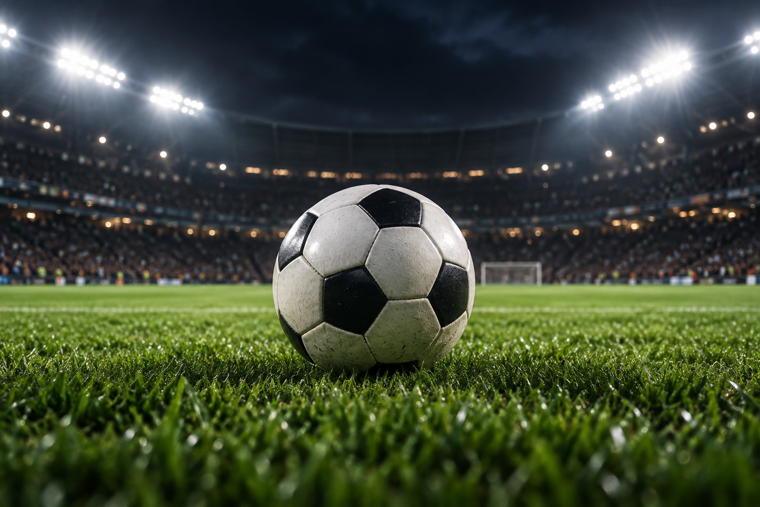 Fußball auf dem Rasen im beleuchteten Stadion