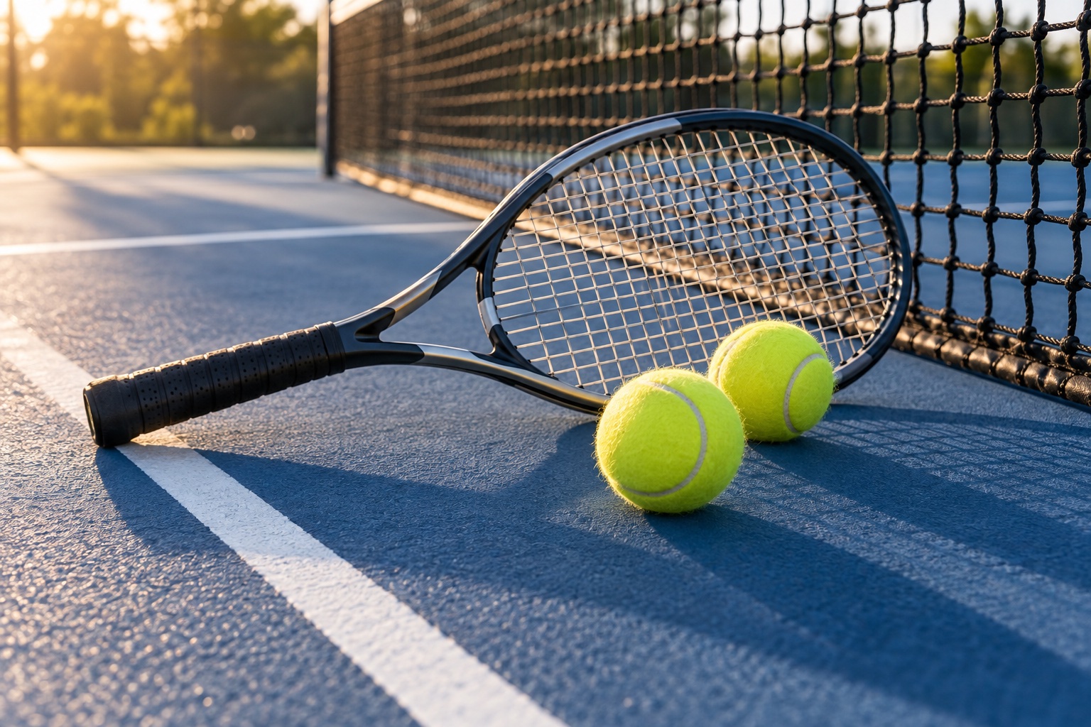 Tennisschläger und Tennisbälle am Netz