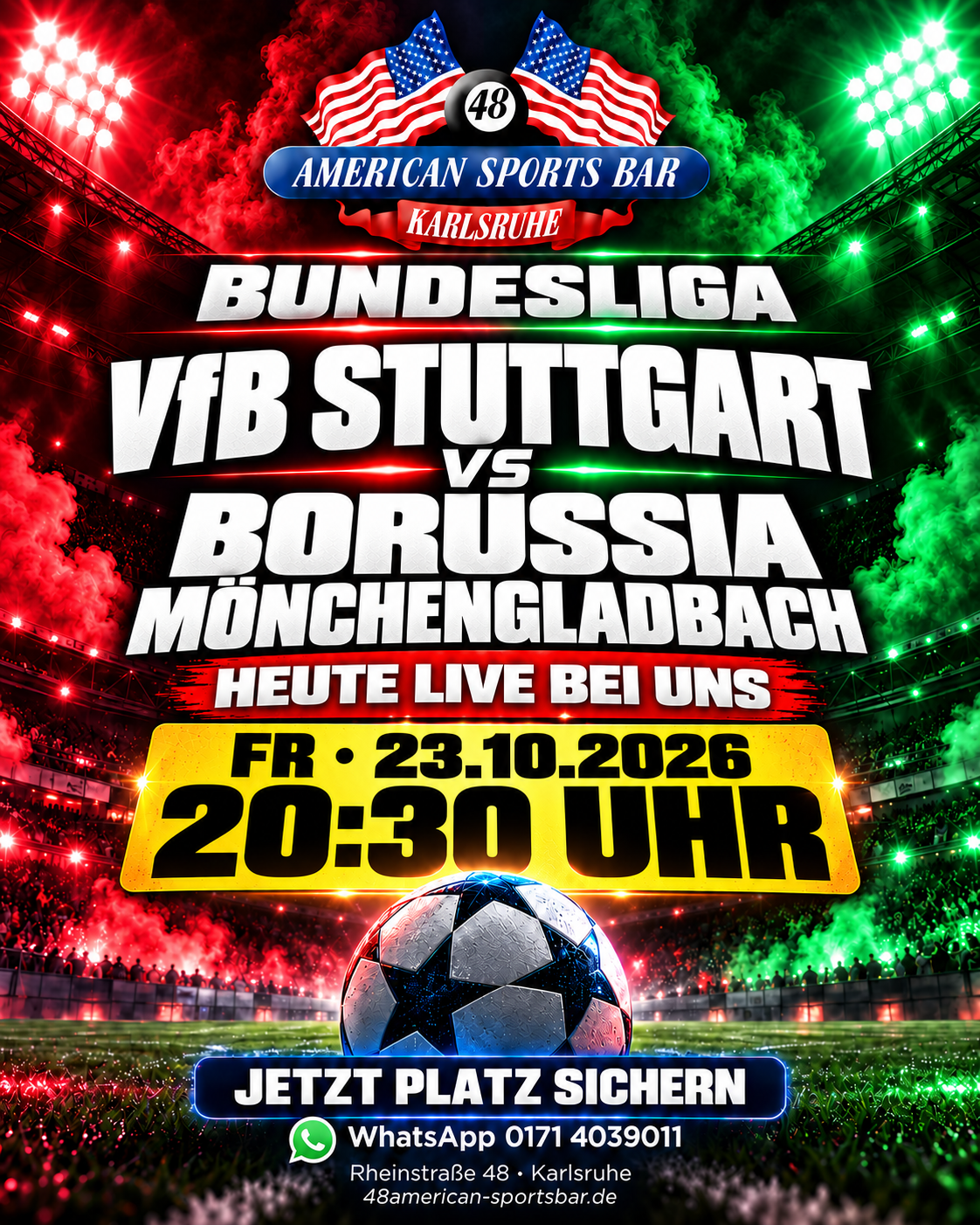 VfB Stuttgart gegen Borussia Mönchengladbach – Bundesliga live am 23.10.2026 um 20:30 Uhr in der American Sports Bar Karlsruhe