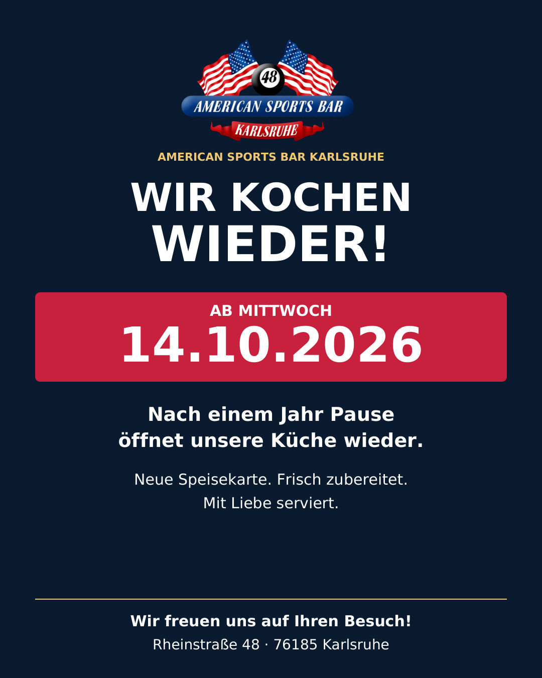Wir kochen wieder – Küchenstart am Mittwoch, 14.10.2026, American Sports Bar Karlsruhe